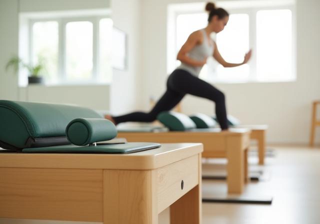 リフォーマーが並ぶ明るいスタジオ内観